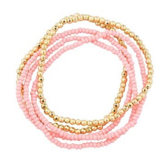 Pink Seed Beaded & Gold Bracelet Set